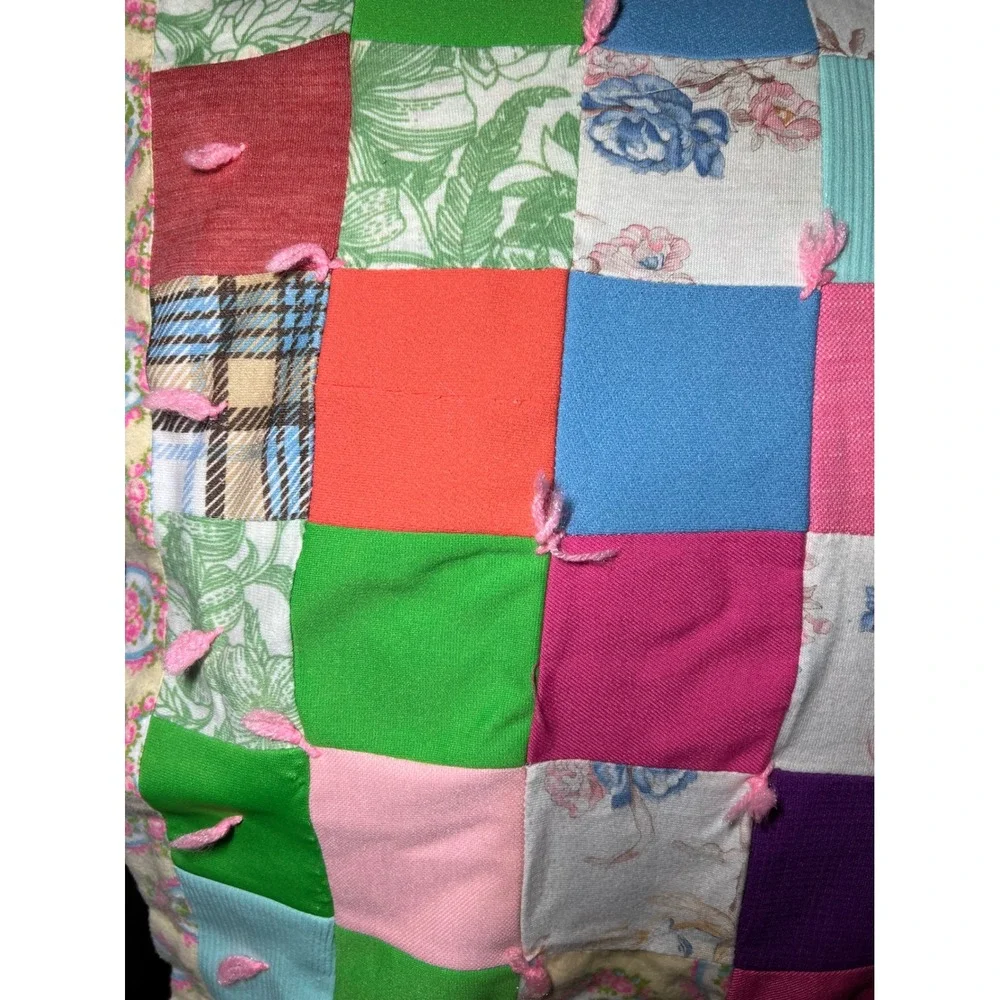 VTG 70s Handmade Patchwork Tie Quilt Floral Plaid Multi Color Cottagecore Throw